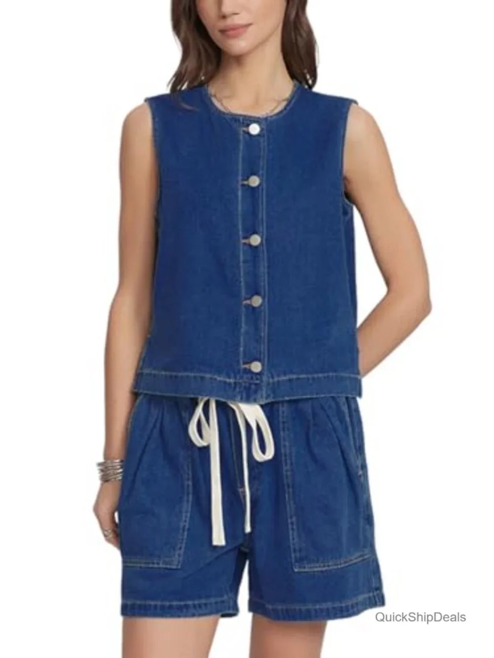 Sleeveless Denim Vest & Elastic Waist Baggy Jean Shorts Matching Set